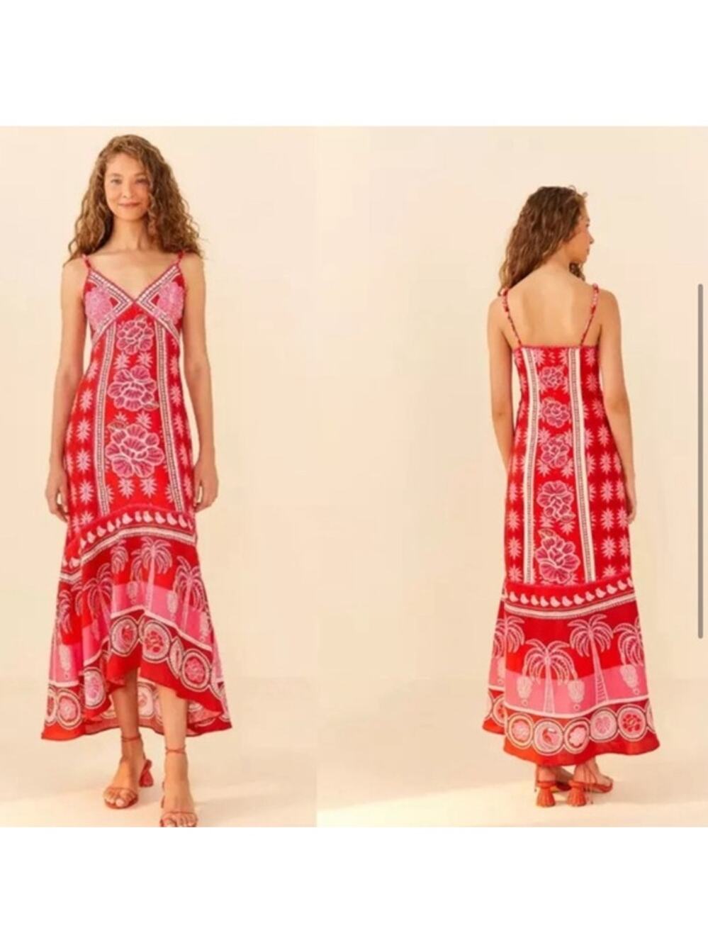 NEW Caroline Constas Linen Maxi Dress Red Pink Floral